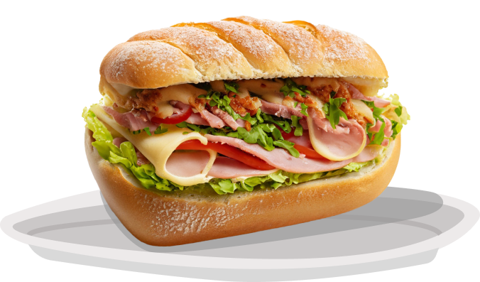 A delicious sandwich with various meats and greens and tomatoes